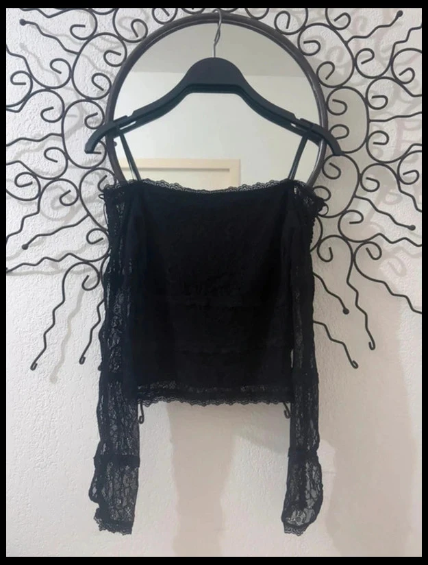 Jennyfer Black Lace Crop Top – Off-Shoulder & Lace-Up Details – Size XS (New) – photo 3